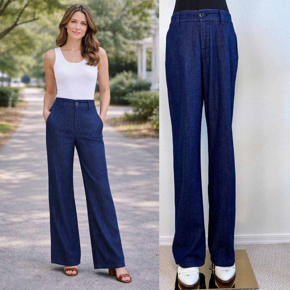 Stefanel Italy Cotton Linen Indigo Blue Straight‎ Leg Trousers Pants IT 42 US 6